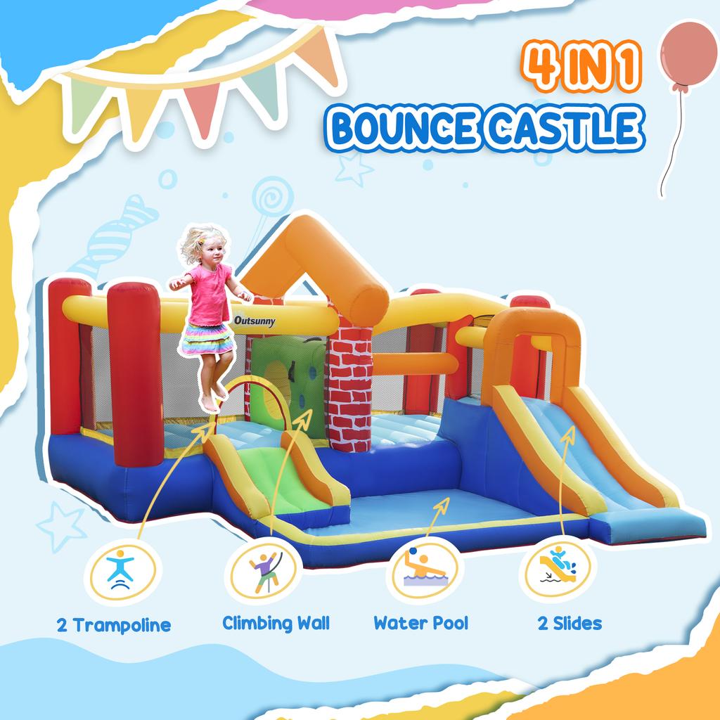 4 in 1 Kids Bouncy Castle Extra Large Double Slides & Trampoline Design Inflatable House Pool Climbing Wall with Blower Carrybag for Kids Age 3-8