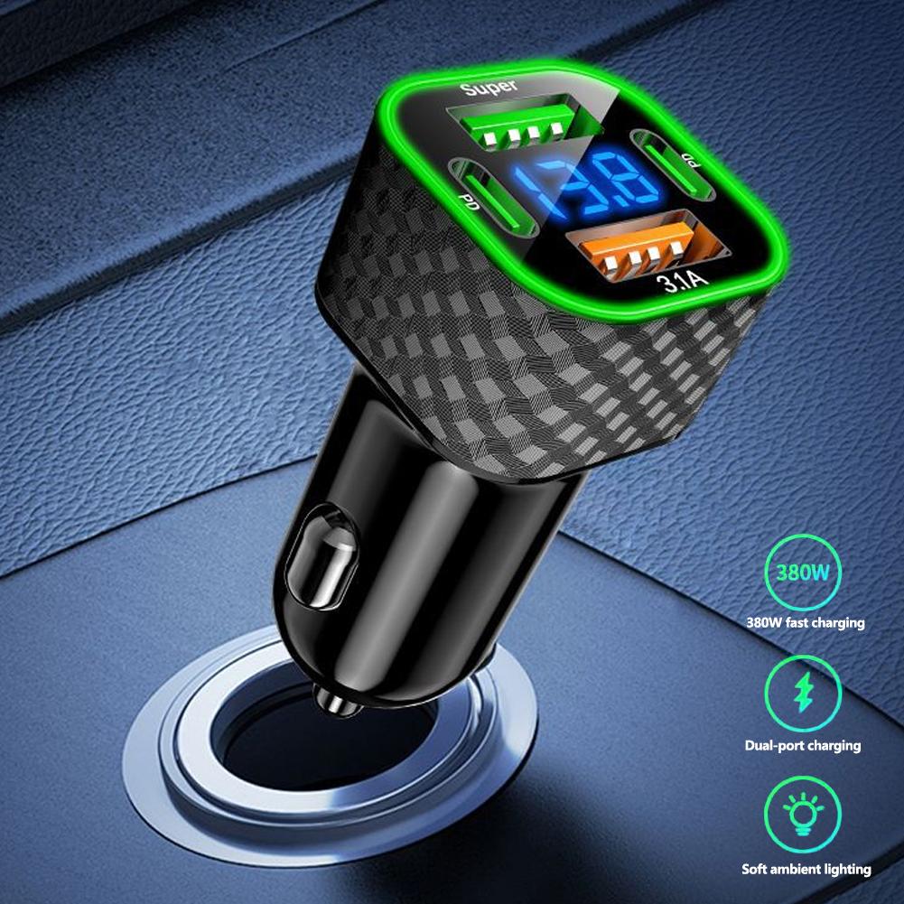 Автомобильное зарядное устройство 4 в 1 Двойное PD с дисплеем напряжения USB Адаптер сверхбыстрой зарядки для смартфона