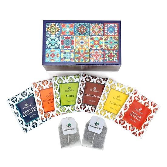 Деревянная подарочная коробка для чая с мотивом плитки Октавиус - 30 чайных пакетиков | Наборы чая в подарок на День святого Валентина | Ассортимент изысканного черного и зеленого чая | Подарочная коробка премиум-класса
