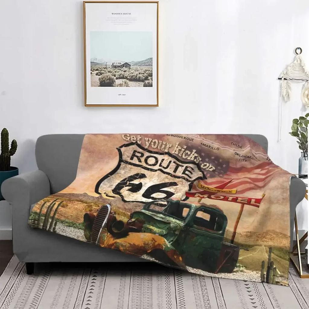 Soft Flannel Throw Blanket Retro Car Motel Route Warm Cozy Plush All Season Bed Living Room Bedroom Cover