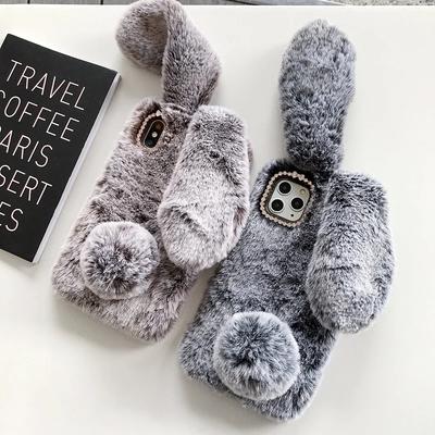 Милый теплый чехол для телефона с пушистым мехом кролика для iPhone 15 Pro Max 14 13 12 11 Pro Max X XR XS Max 7 8 Plus, мягкий чехол с 3D кроличьими ушками