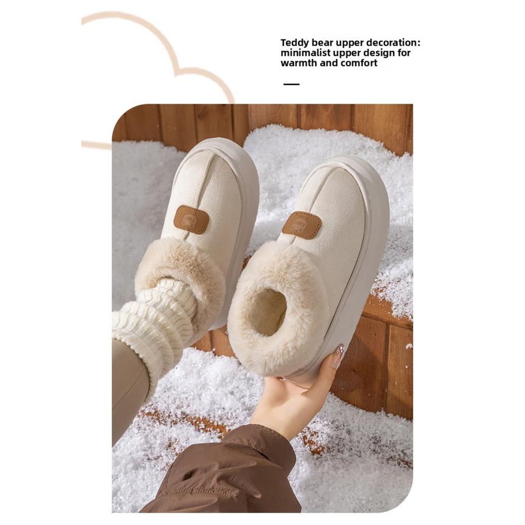 Мультяжная сумка в виде головы медведя с хлопковыми тапочками для женщин на осень и зиму, для дома с плюшевыми теплыми туфлями для ношения на улице, плюшевые сноубутсы для пары