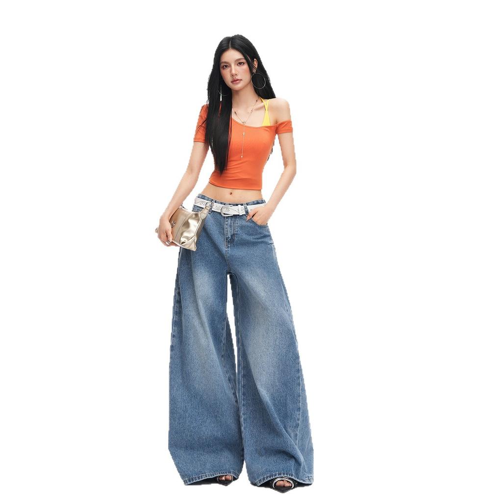 Retro pleated design wide-leg jeans spring and summer new high-waisted and thin loose floor-mopping straight-leg pants for women