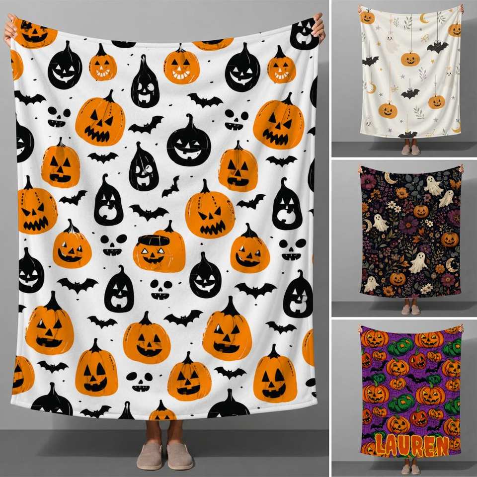 Halloween Pumpkin Ghost Retro Pattern Aesthetic Throw Soft Flannel Throw Blanket for Couch Bed Sofa Warm Cozy All Season