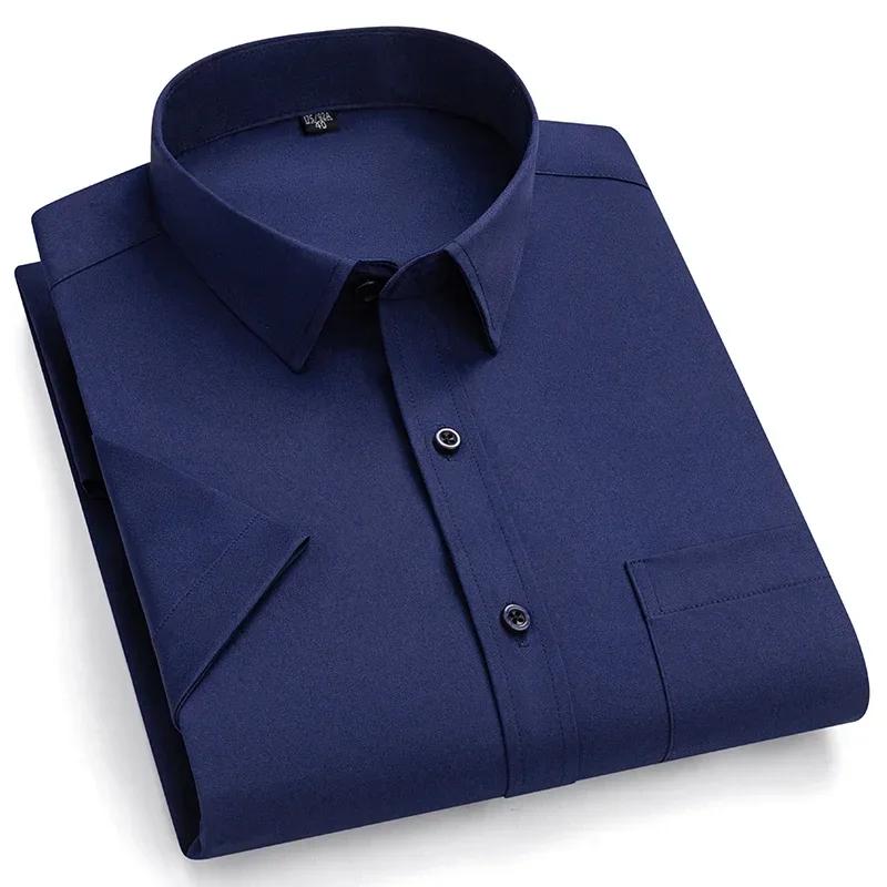 Летняя мужская рубашка Не требует глажки Антискладки Business Casual Однотонная Эластичная Гладкая С коротким рукавом Для работы Социальная