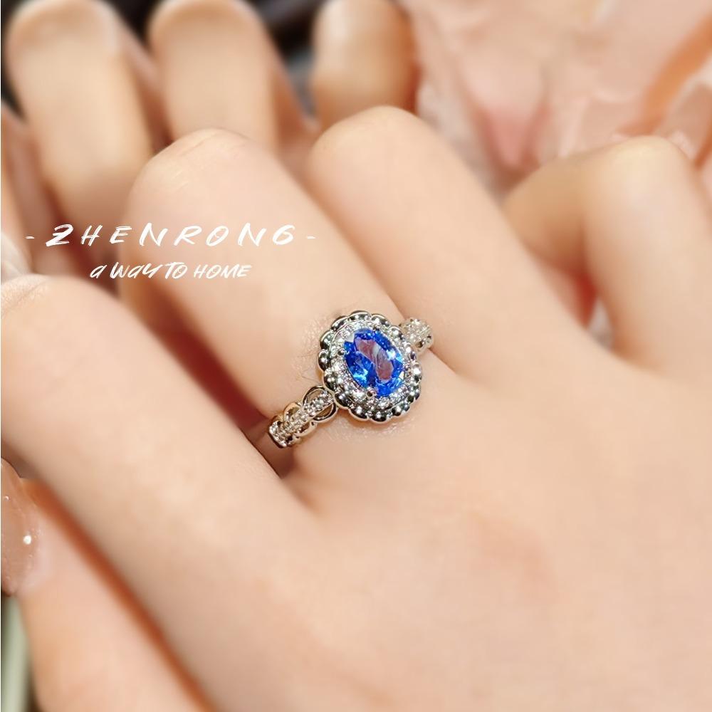 Women's 3Ct Synthetic Blue Sapphire Open Ring Light Luxury Spinel High Carbon Diamond Unique Daily Jewelry