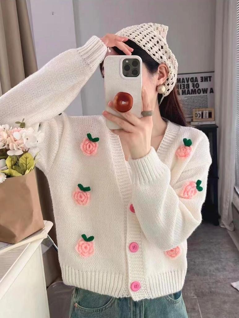 Romantic three-dimensional flower knitted cardigan autumn and winter new style foreign style versatile outer sweater jacket women