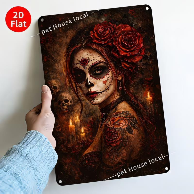 Tin Sign Halloween Sugar Skull Girl Wall Decor Vintage Rose Candle Skull Metal Poster Plaque for Bar Pub Home Kitchen Bedroom O