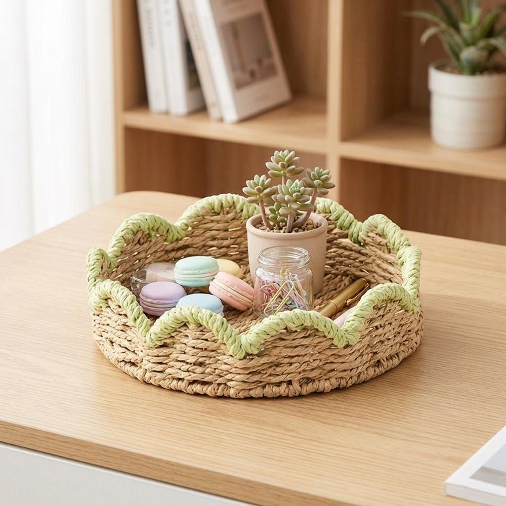 Green Paper Rope Storage Basket With Lace Design For Desk Organization