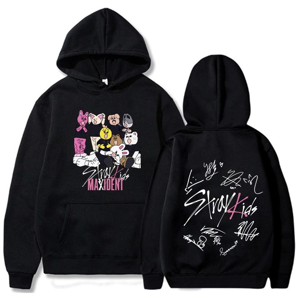 Худи с принтом персонажей Stray Kids, Мультяшный групповой принт спереди, Графический рисунок с подписями участников сзади, Капюшон на шнурке, Оверсайз, Унисекс, Уличная одежда K-Pop