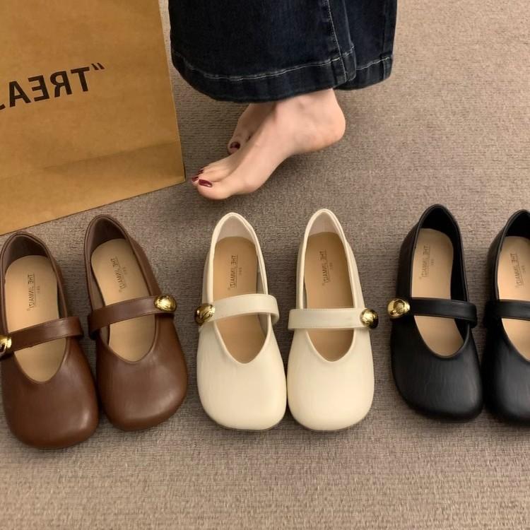 Retro Square Head Mary Jane with Flat-soled Single Shoes Women's Shoes 2025 Spring and Summer New Soft-soled Doudou Small Leather Shoes