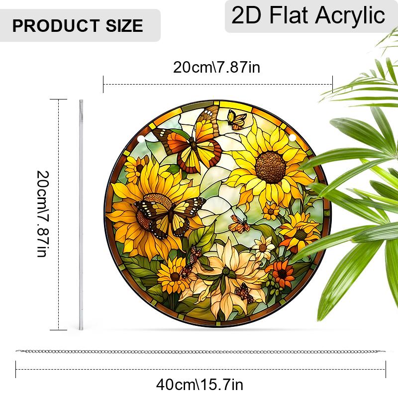 Акрил Подсолнух и Бабочки Ловец Солнца, Витражный Стиль Подвесное Украшение на Окно для Любителей Природы и Сада
