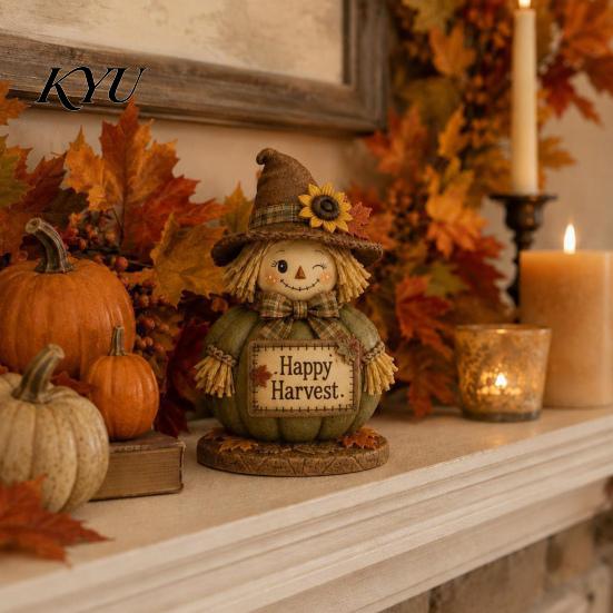 Distressed Wood Harvest Figurines 3 Pcs Fall Wooden Scarecrow Figurines, Farmhouse Rustic Statue with Maple Seasonal Holiday Party Supplies