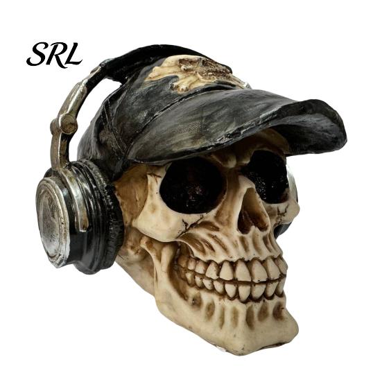 Hip Hop Headphone Skull Figurine Hip-hop Headphone/Steampunk Figurine, Resin Skeleton Statue, Vintage Cool Desk Decor Ornament for Haunted House Props