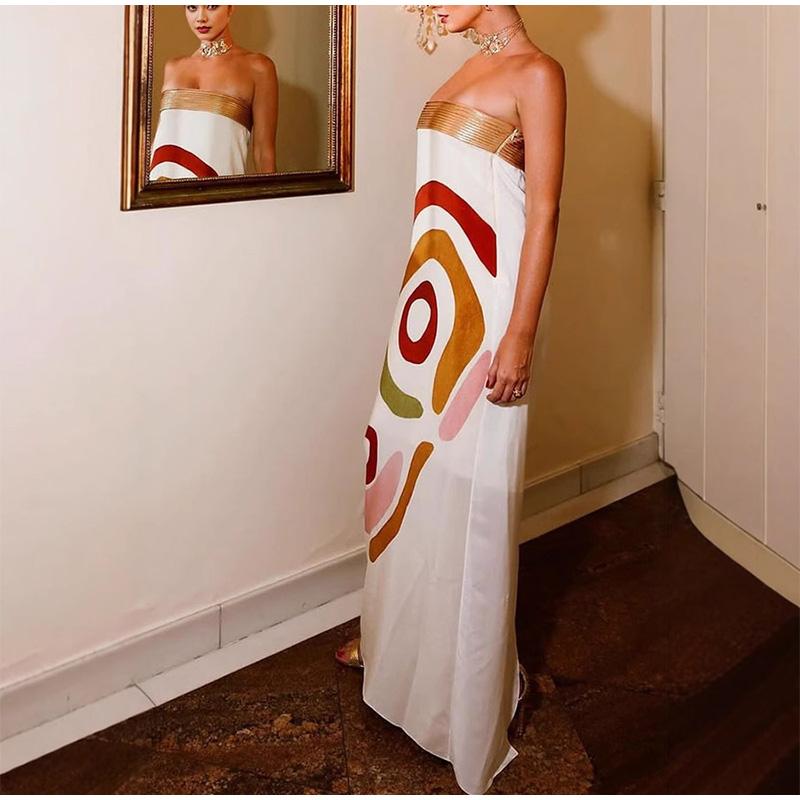 Elegant Slim Sleeveless Patchwork Long Dresses Fashion High Waisted Satin Wrap Hips Dresses Sexy Strapless Print One Piece Dress