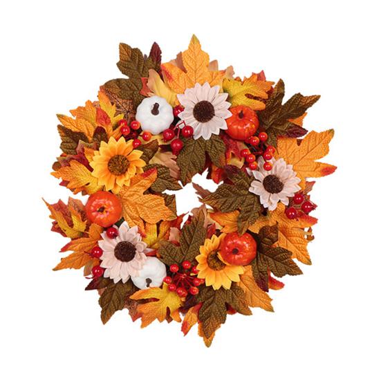 Autumn Wreath Faux White Pumpkin Maple Leaf Pine Cone Berry Wreath Handmade Farmhouse Wreath Fall Decoration for Home Thanksgiving Harvest Outdoor