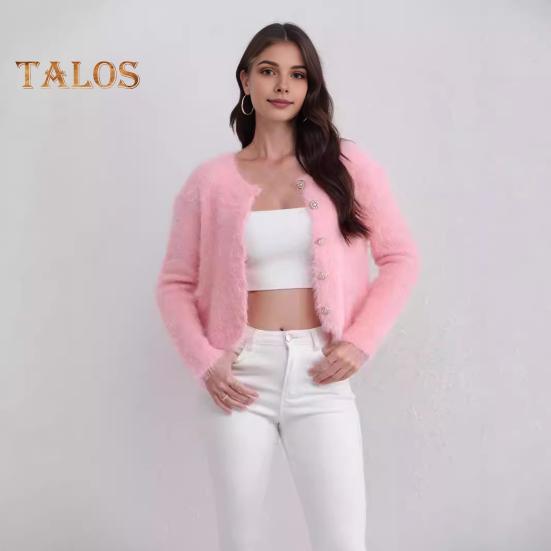 Auutmn Winter Lady Cardigan Coat Furry Plush Single-breasted U Neck Long Sleeves Thickened Solid Color Faux Fur Knitted Sweater Jacket