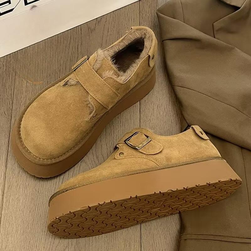 Замшевые меховые женские ботинки на платформе, зимние ботинки на плоской подошве, лоферы, брендовые плюшевые теплые хлопковые туфли на среднем каблуке, модная мода, удобные туфли Botas Mujer