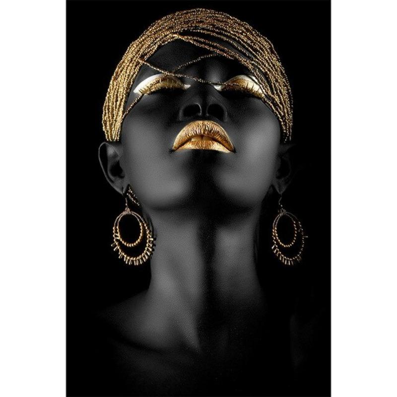 Элегантная черно-золотая африканская женщина на холсте для гостиной, роскошный скандинавский настенный декор