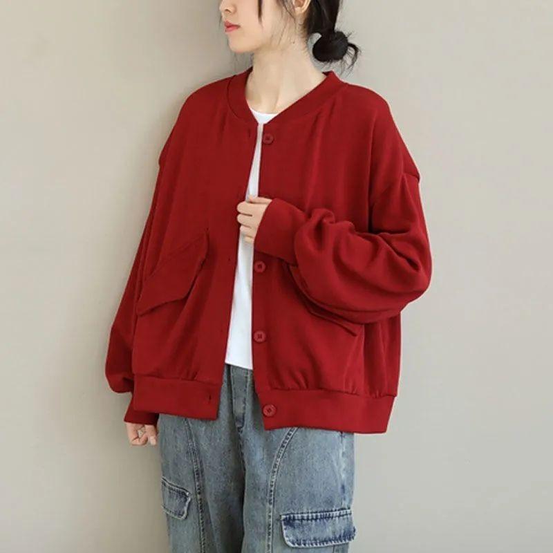 Женская хлопковая свободная литературная короткая куртка с длинными рукавами, однотонный воротник-стойка, универсальная повседневная блузка с карманами, прикрывающая мясо
