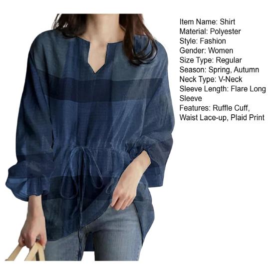 V-образный вырез с рюшами Манжеты на талии Шнуровка в клетку с принтом Повседневная блузка Простой повседневный стиль