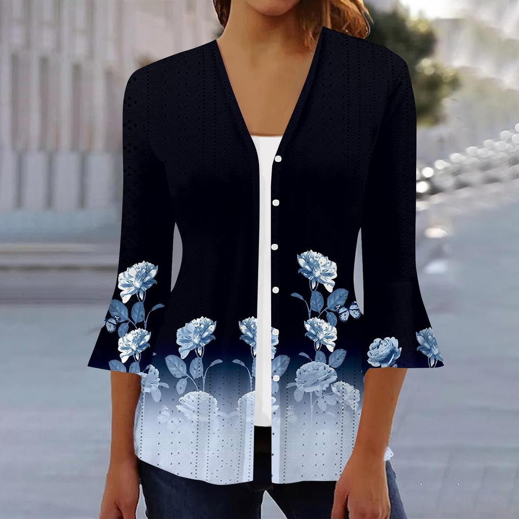 Women's Fashion Loose Casual Printed Three-quarter Sleeve Button Shirt Cardigan Top