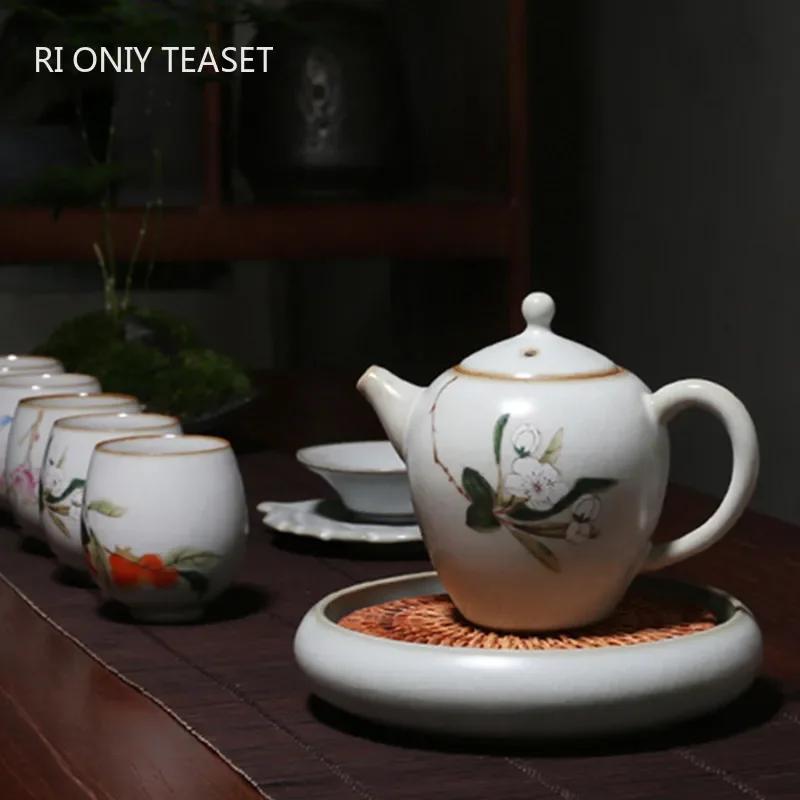 200ml Traditional Ru Kiln Ceramic Teapots Handmade Flower and Bird Pattern Tea Pot Household Travel Kettle Chinese Tea Set
