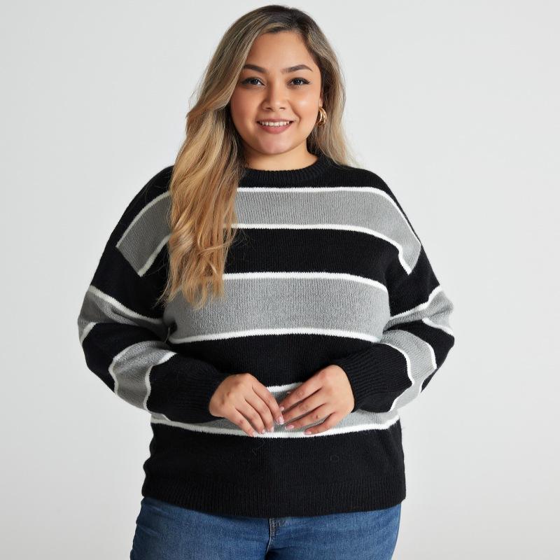 Полосатый лоскутный вязаный свитер для женщин с круглым вырезом и длинными рукавами, базовый пуловер, повседневный стильный свободный свитер, мягкий удобный рабочий топ