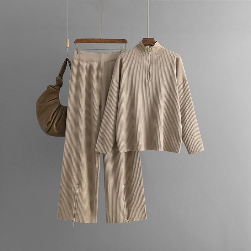 Теплый зимний свитер с высоким воротом, ребристый, однотонный, на молнии, с широкими штанами, комплект из 2 предметов для отдыха для женщин на осень 2024 года, мягкий, уютный наряд