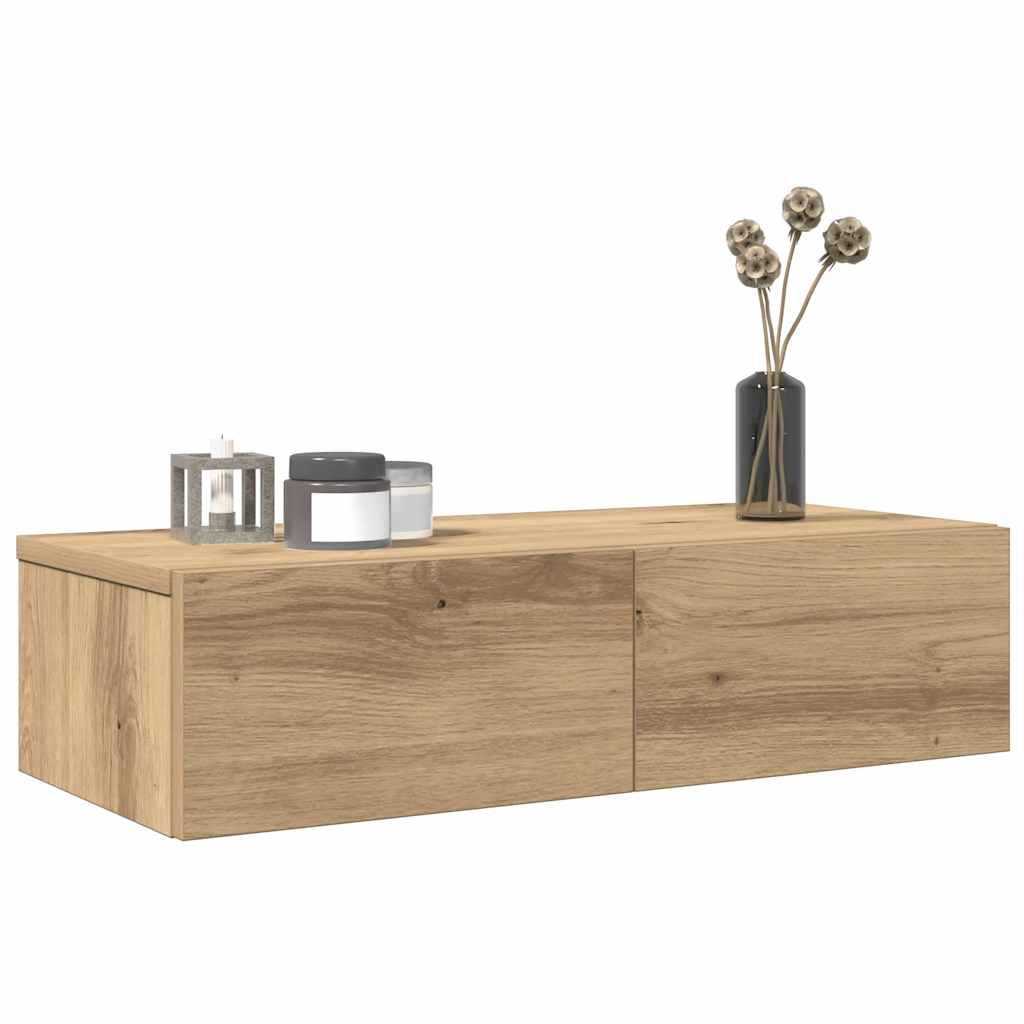Wall Mounted Shelf with Drawers Artisan Oak Finish 60 x 26.5 x 15 cm