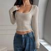 European & American Y2K Style Square Neck Long Sleeve Slim Fit Ribbed T-shirt