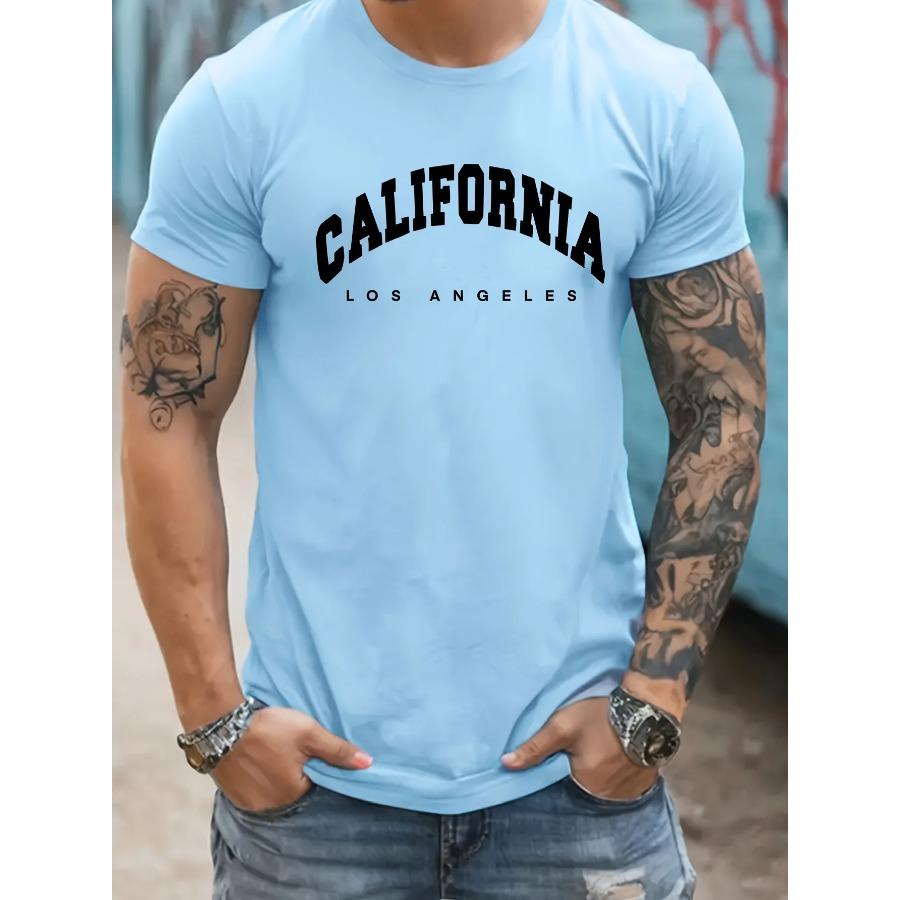 Men's Summer Loose Size 100% Cotton California Print Slim Fit Casual Round Neck Short Sleeve T-shirt Top
