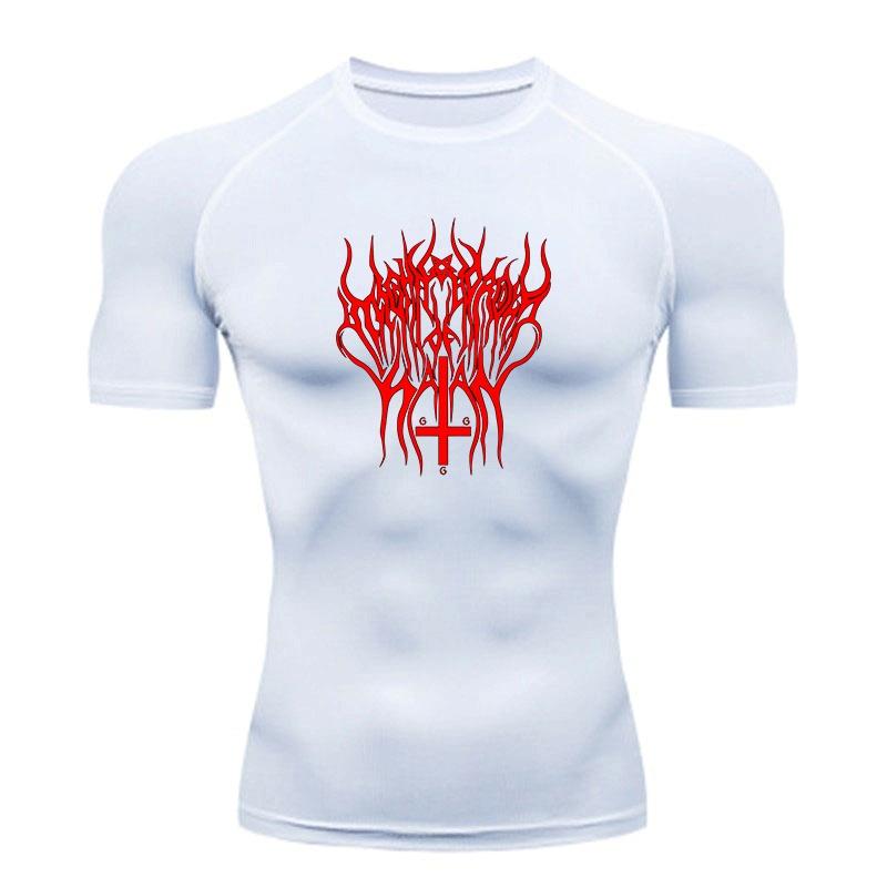 Men's Quick Dry Compression Fitness T-shirt, Satanic Red Thorn Print Inverted Cross Casual Athletic Tee for Gym Workout Running Training Wear