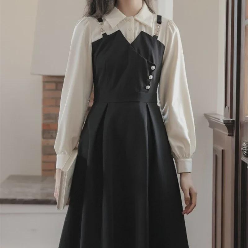 Платье-двойка больших размеров во французском стиле для женщин - длинный рукав, утягивающая талия, А-силуэт, осенняя мода