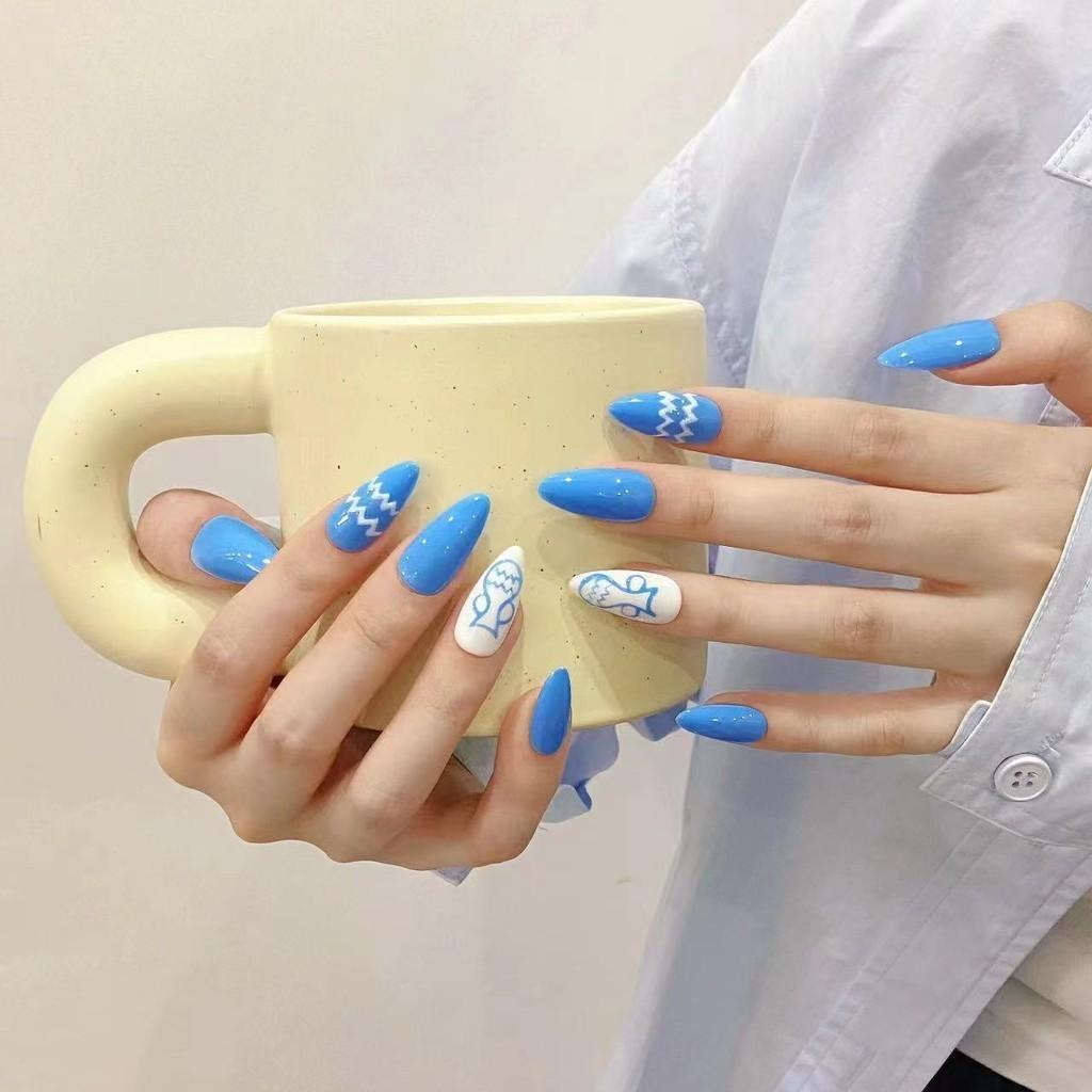 HANDMADE Artificial Nail Zodiac Sign - Aquarius Almond Hand Painted Blue Phototherapy Nails Fake Nails Reusable and Removable Nails