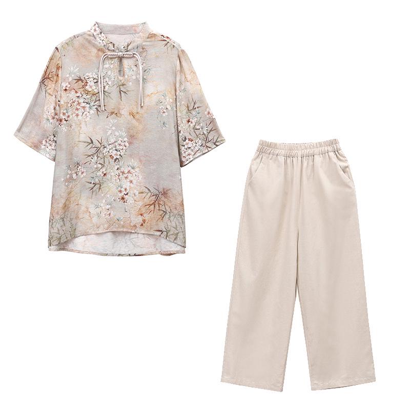 Летний женский костюм в национальном стиле из хлопка и льна, состоящий из двух предметов, для пышных фигур