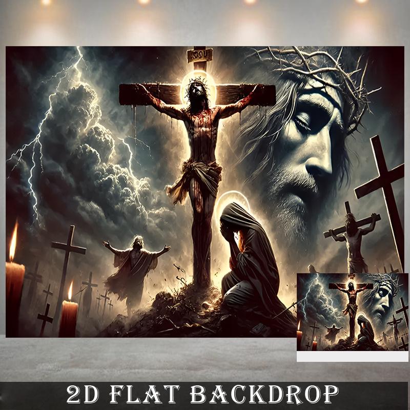 2D Flat Party Backdrop Banner - Cross Theme with Figure Holding Cross, Blood & Lightning