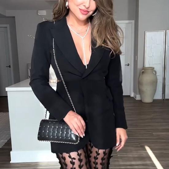 Женский пиджак с лацканами, длинный рукав, пуговицы, пиджак с открытой спиной