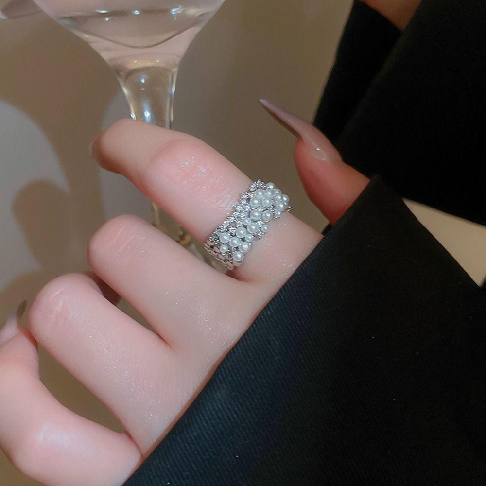 Exquisite Pearl Open Ring Geometry Metal Rings Temperament Vintage Rings Party
