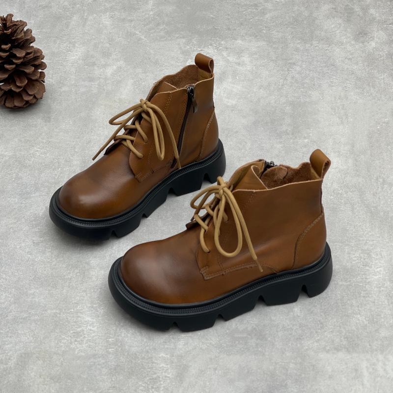 Johnature Ретро ботинки на толстой подошве с круглым носком, универсальные, из натуральной кожи, женские