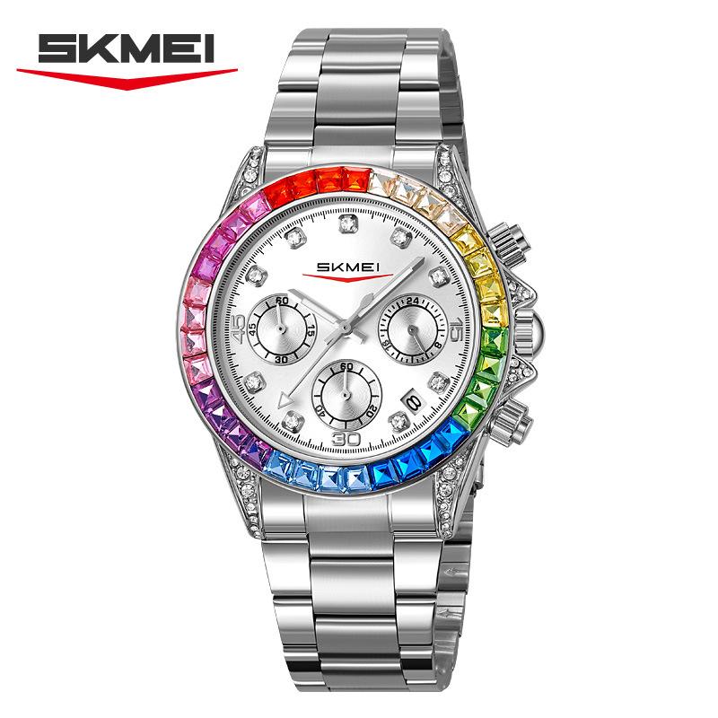 Часы Skmei многофункциональные шестистрелочные кварцевые часы разноцветные бриллианты модные ветровые женские часы стальной ремешок