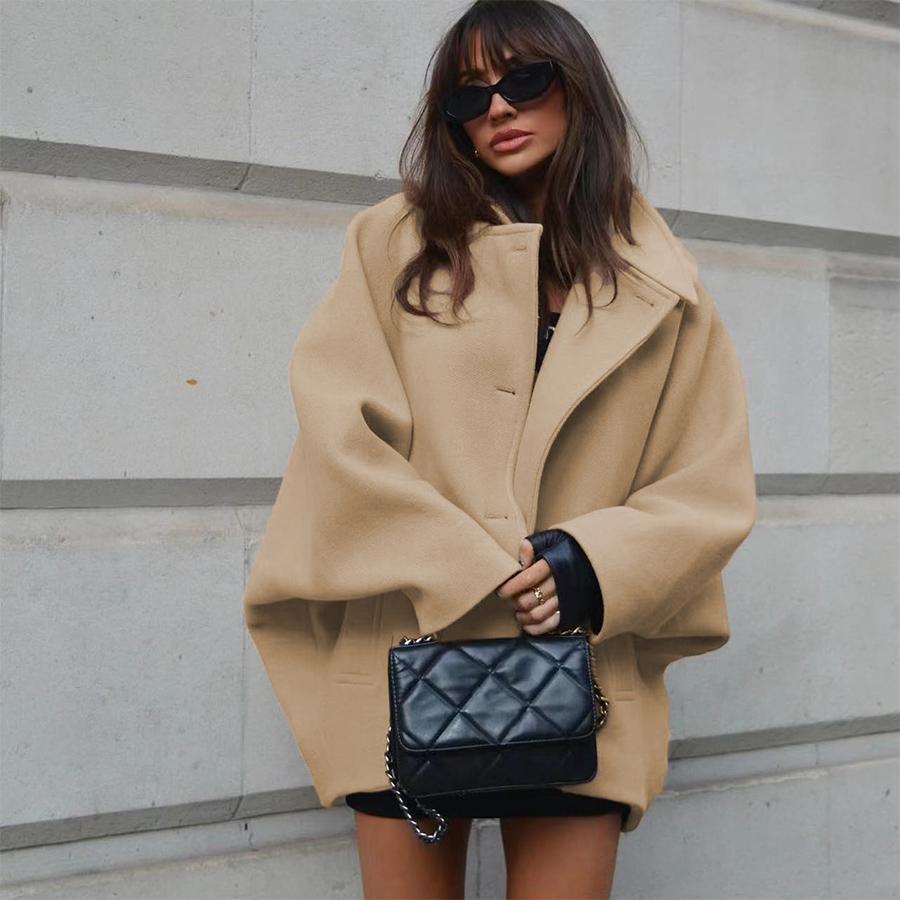 Женское свободное шерстяное пальто средней длины с лацканами и рукавами-летучими мышами NIZI8182