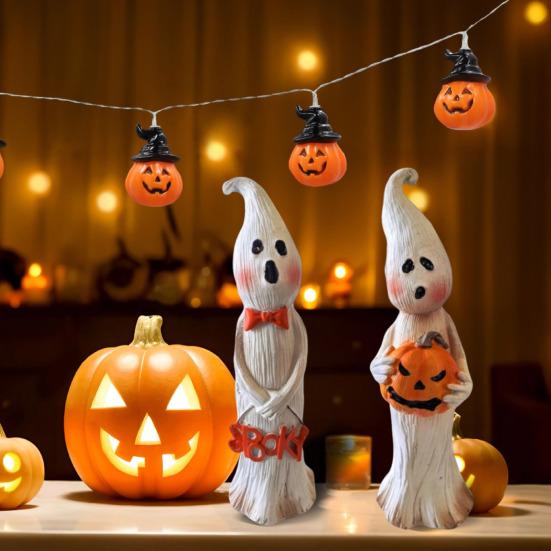 Ghost Figurine Resin Ghost Ornament with Pumpkin Desktop Ghost Sculpture for Halloween