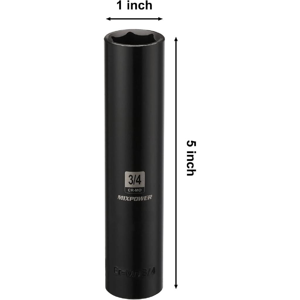 MIXPOWER 1/2" Привод. x 3/4 дюйма, Сверхдлинная, Глубокая, 6-гранная, Ударная, Легированная Сталь Cr-Mo, Дизайн с Радиусными Углами, Двойная Маркировка Размеров, Длина 5 дюймов