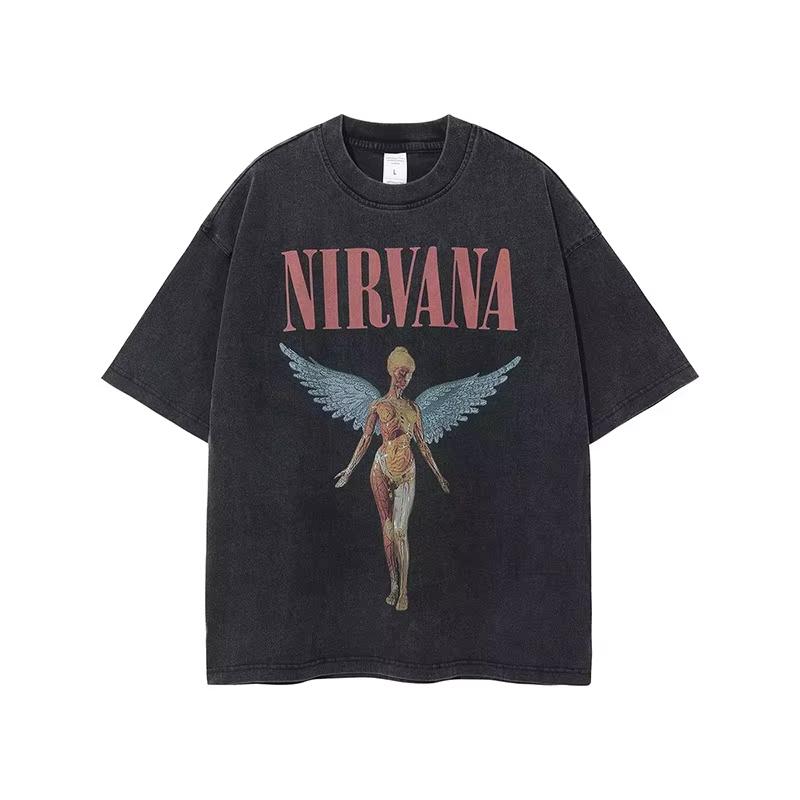 Nirvana Rock Band Vintage Washed Tshirt Men Women Summer Cotton Clothing Hip Hop Fashion Round Neck Short Sleeved Top Unisex