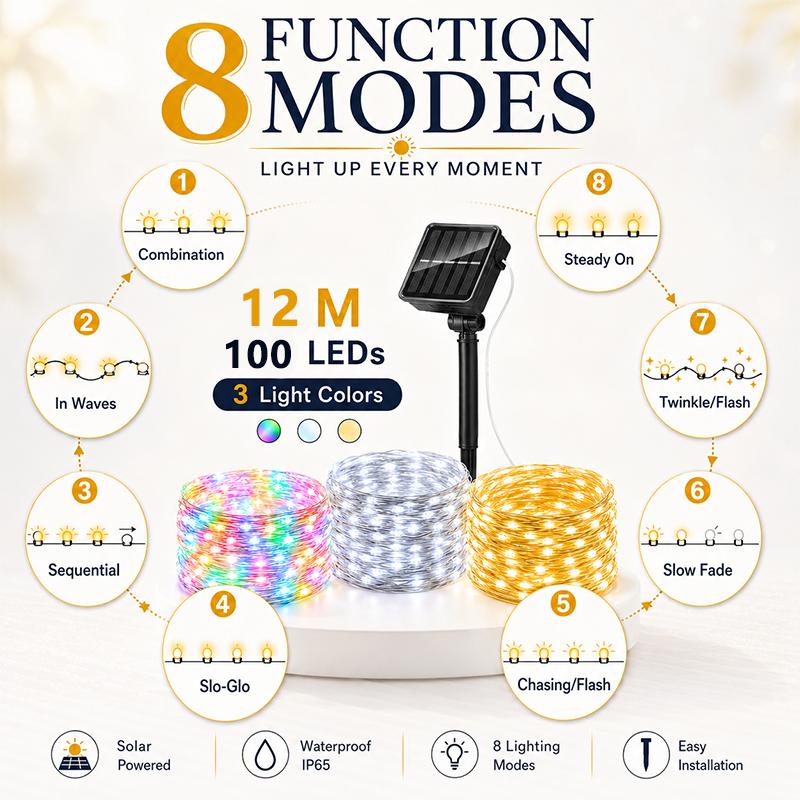 LED Solar String Light Outdoor Garden Fairy Lights ,100 Leds,Waterproof, Lamp for Christmas Party,8 modes,Suitable for garden