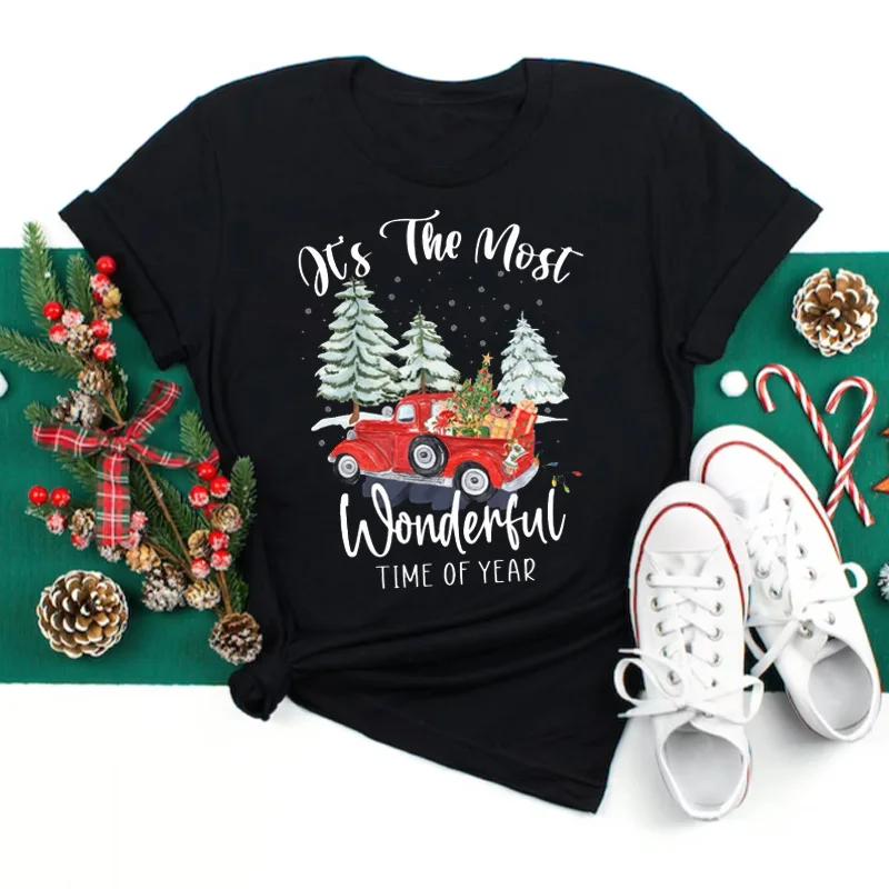 Maycaur T-shirts Women 90s Christmas Truck Clothes Cartoon Kawaii Deer Printed Tshirt Top Lady Print Tee Women's Y2K Clothing