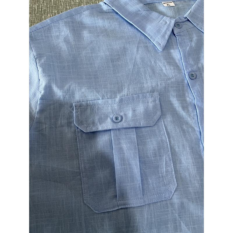 Men Linen Blend Short Sleeve Shirt With Chest Pockets Button Down Casual Blouse