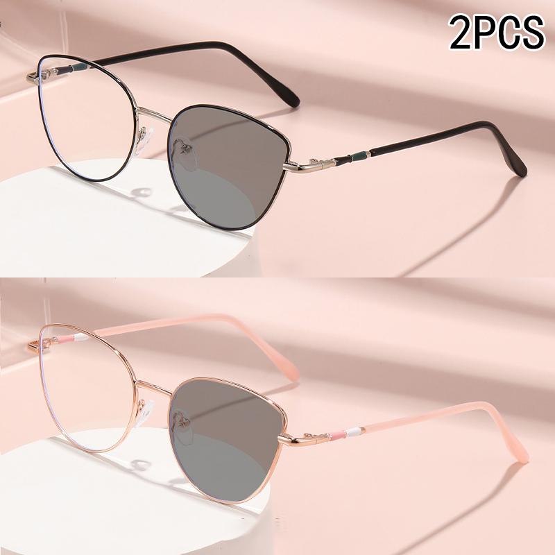 2PCS Fashion Cat Glasses Frame Photosensitive Color Change Versatile High-end Anti-blue Light Outdoor Myopia Glasses 9793