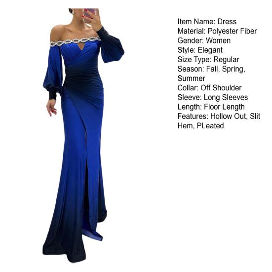 Женское вечернее платье с открытыми плечами, ажурное свадебное платье со стразами, обтягивающее плиссированное выпускное платье макси с длинными рукавами-фонариками и разрезом по низу, бальное платье